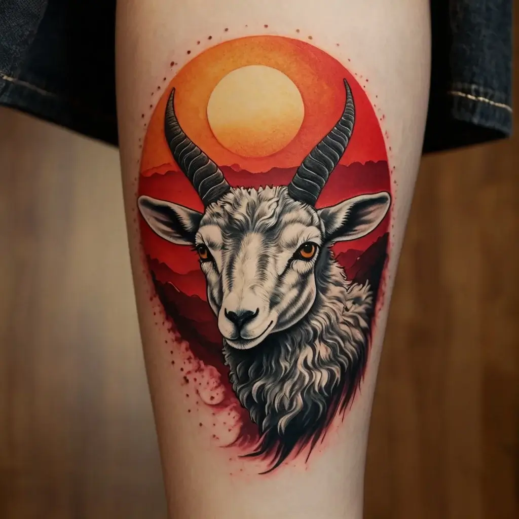 Tattoo of a ram with detailed horns against a red mountain landscape and sun backdrop, blending realism with vibrant colors.