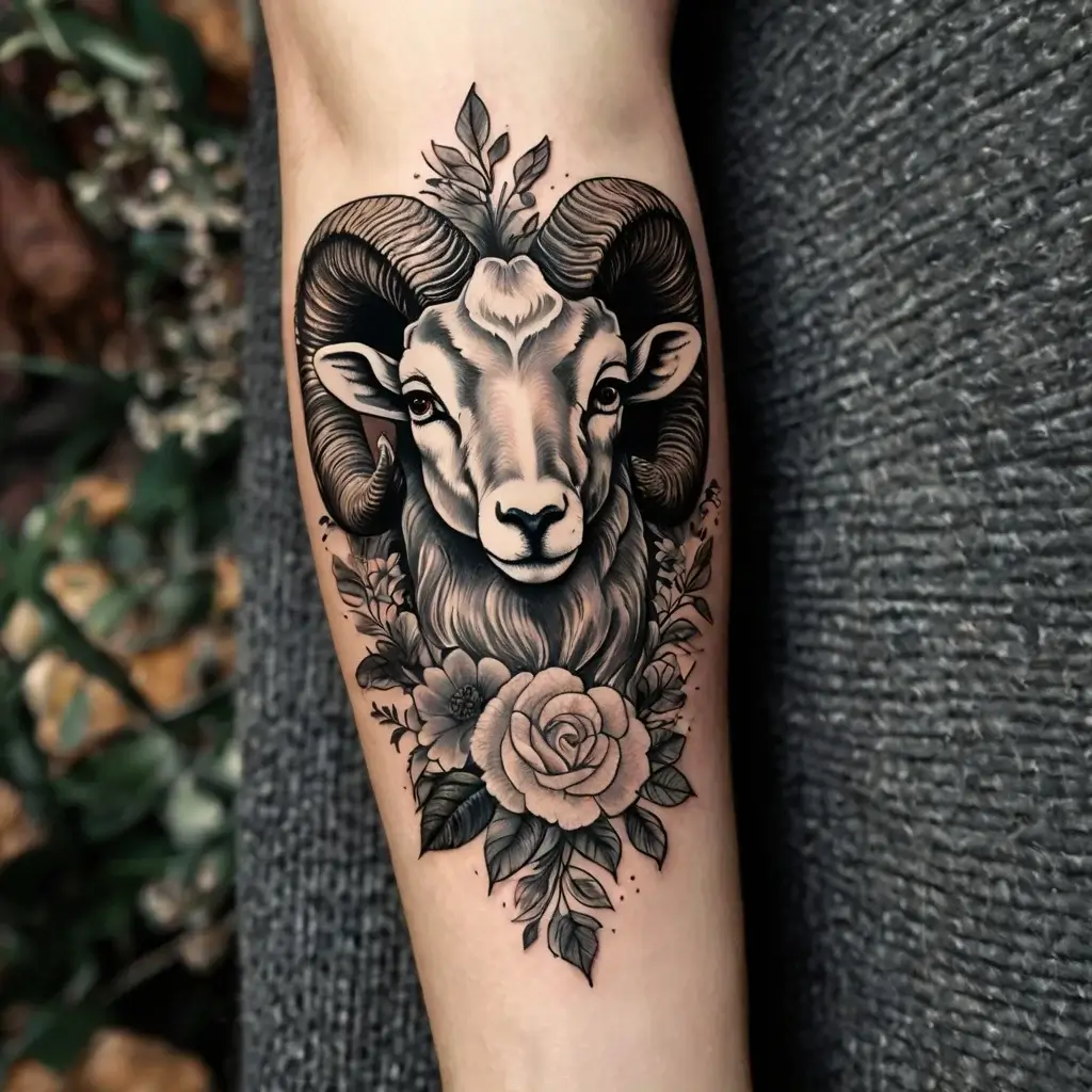 Tattoo of a ram's head framed by intricate roses and foliage, blending realism with bold line work for contrast.