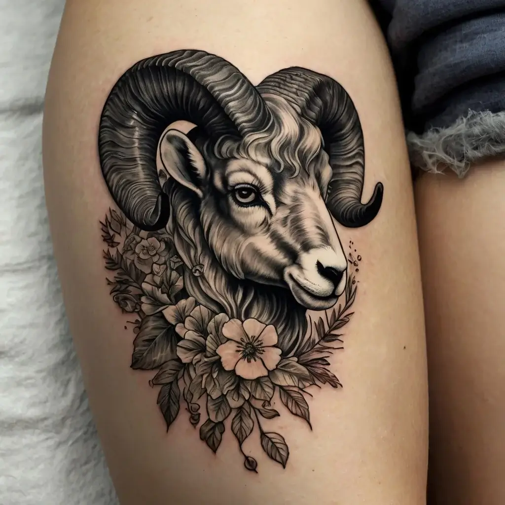 Intricate ram tattoo with detailed horns and floral accents, blending realism and nature on the thigh.