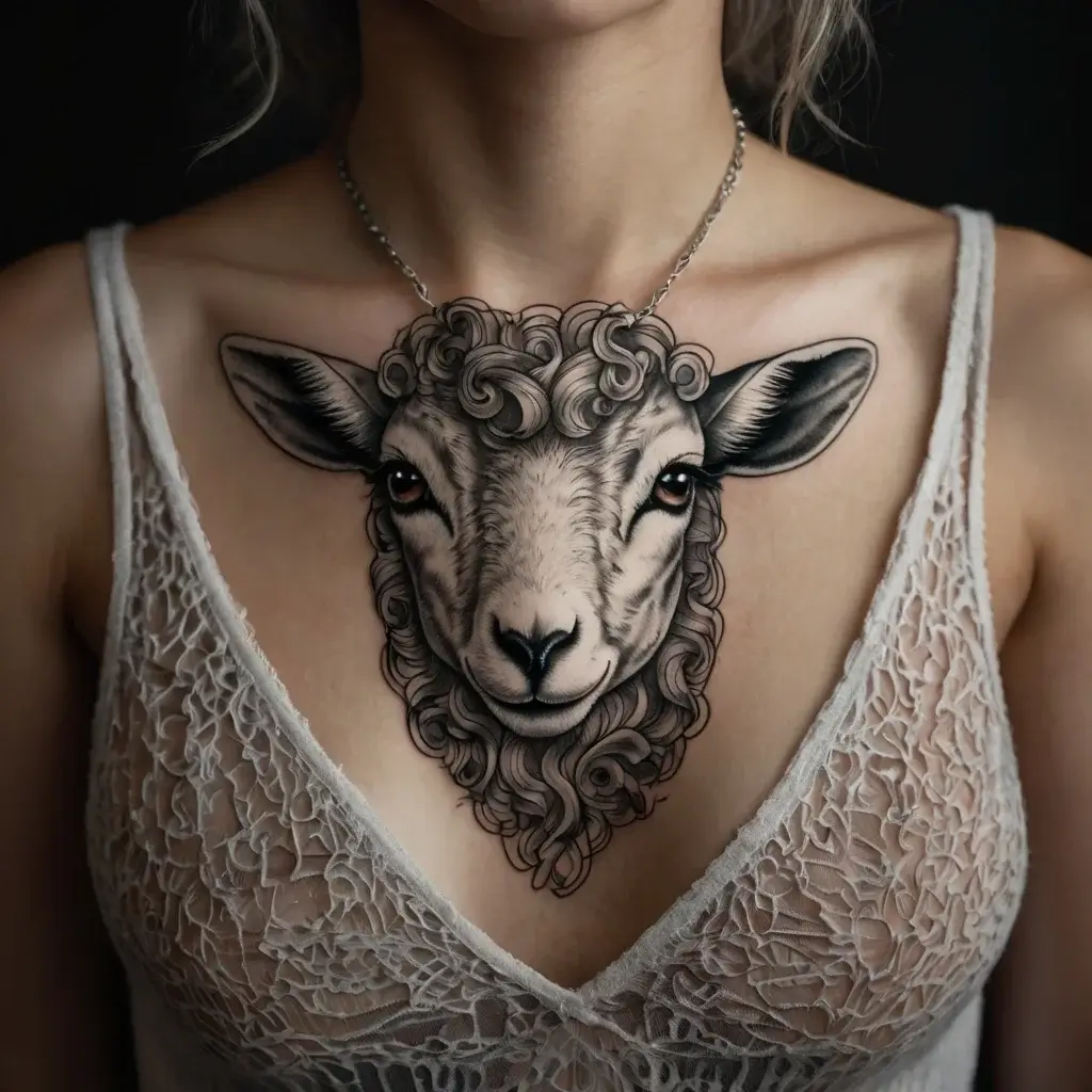 Intricate sheep head tattoo with curly wool details on the chest, reflecting detail and bold shading.