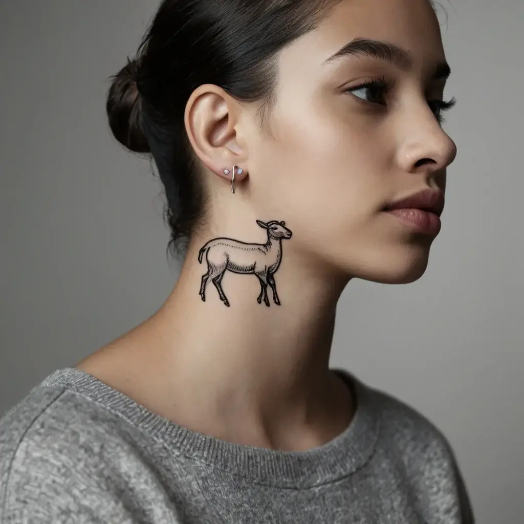 Neck tattoo of a detailed line-art lamb, symbolizing innocence and purity, elegantly placed on the side of the neck.