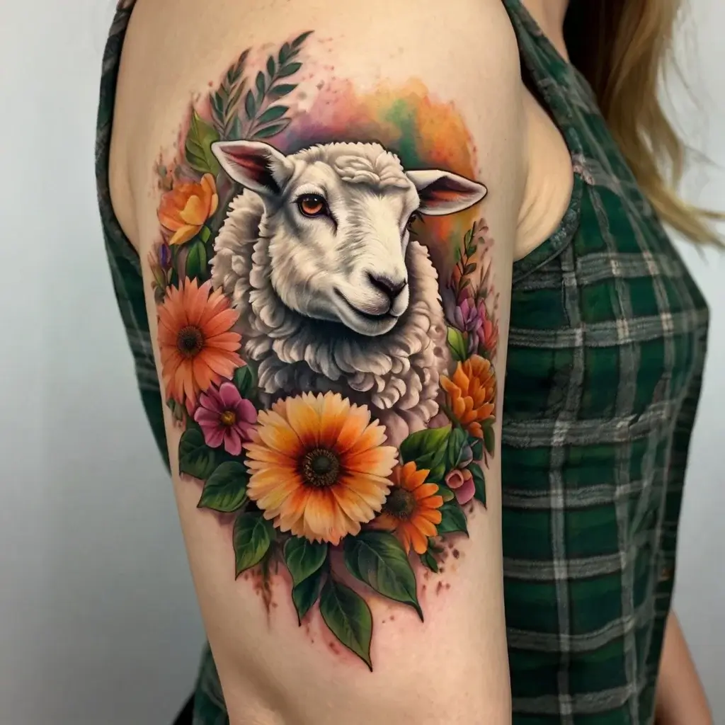 Realistic sheep tattoo surrounded by vibrant orange flowers and green leaves on upper arm, with watercolor accents.