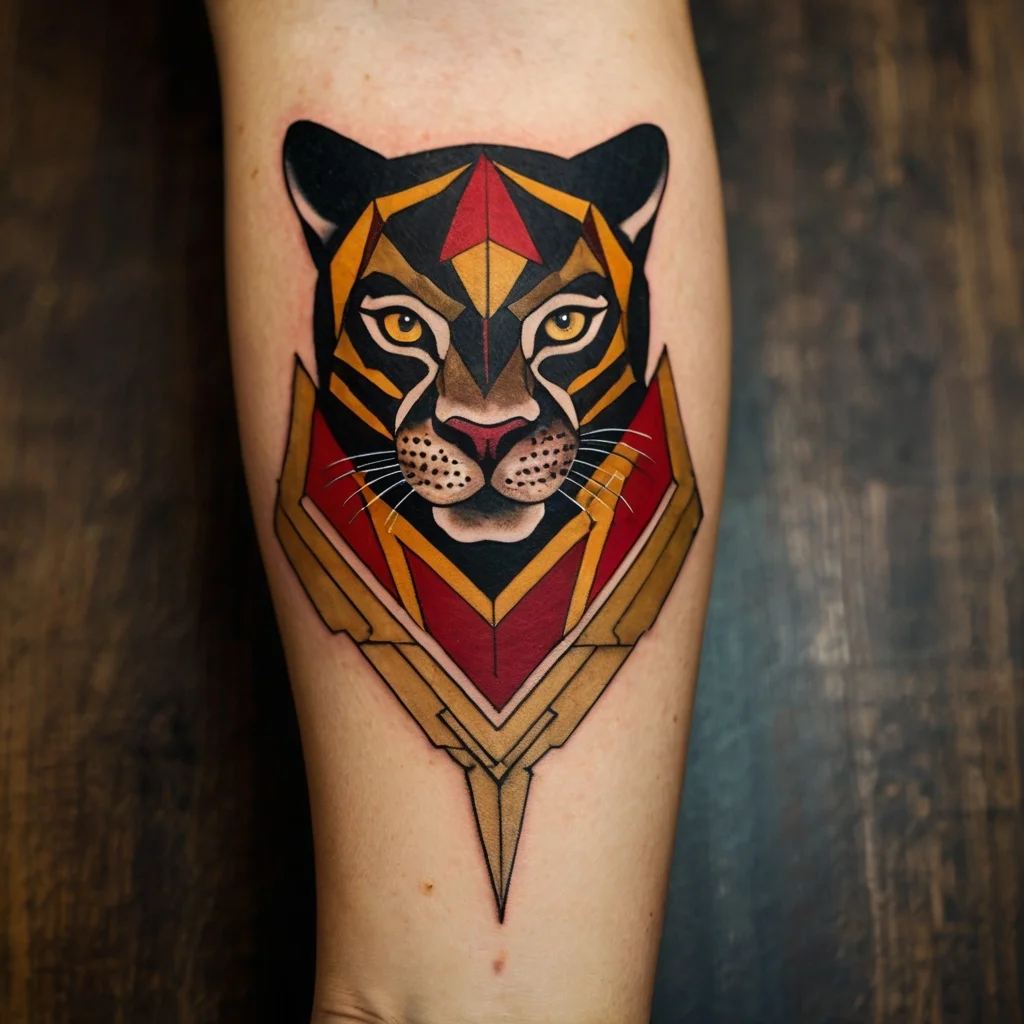 Geometric tiger tattoo with bold shades of orange, red, and black, creating a fierce and modern stylized design.