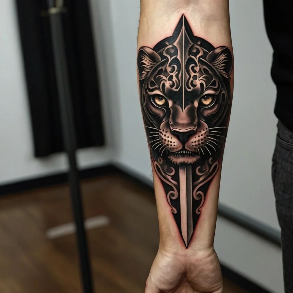 Tattoo of a stylized panther face with intricate, symmetrical patterns and a central sword motif on the forearm.