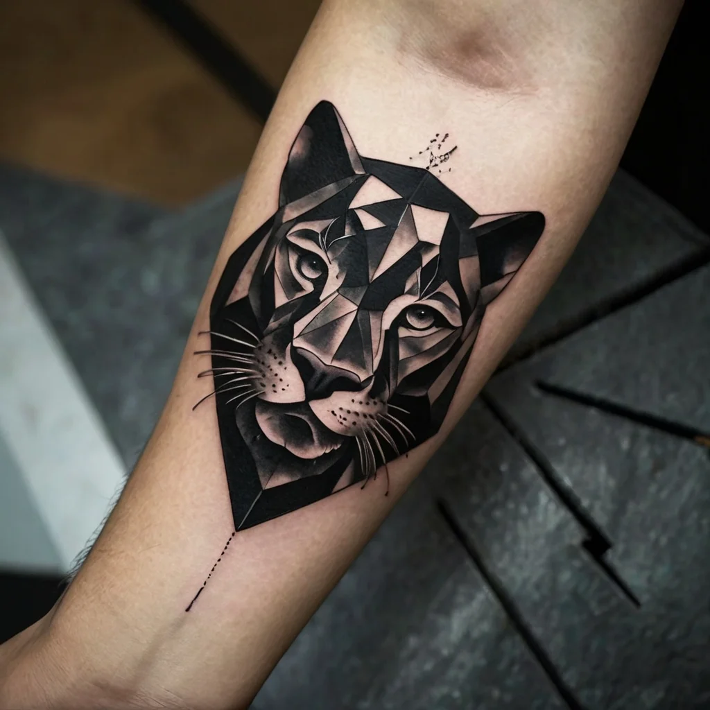 Geometric panther tattoo in black and gray, intricately shaded with sharp angles and dot detail above the head.