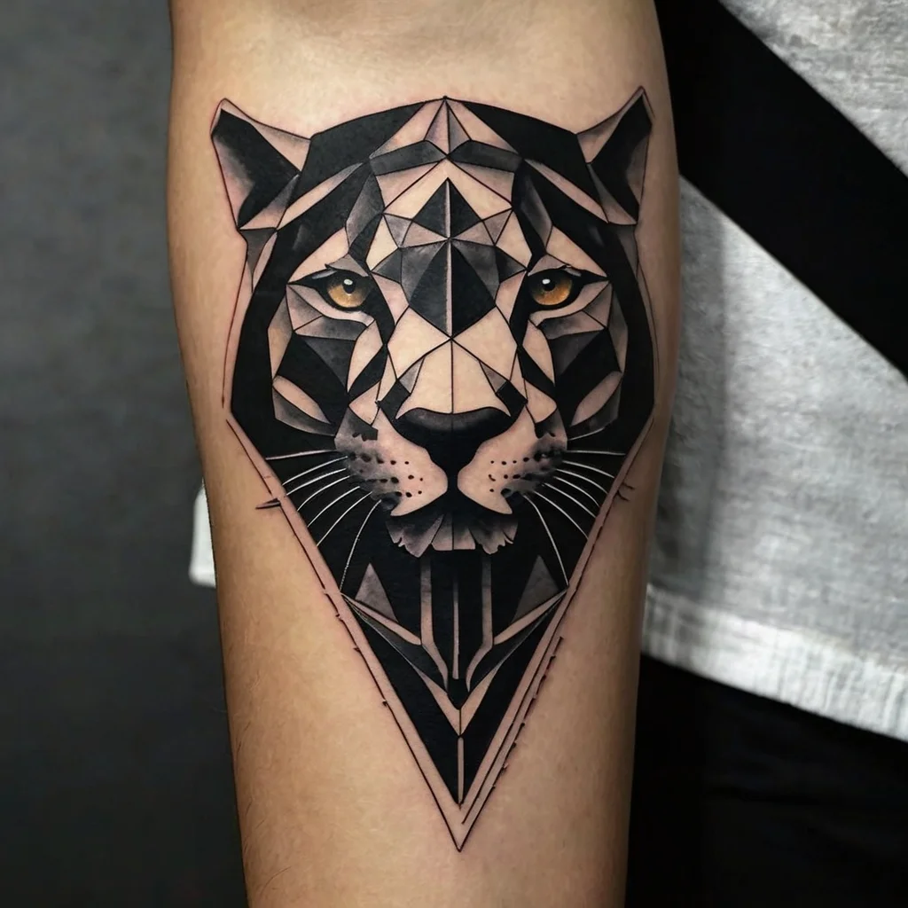 Geometric tiger tattoo in black and grey with sharp angles and shading, forming a striking symmetrical pattern.