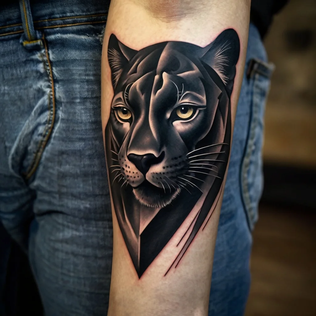 Geometric black panther tattoo, featuring sharp angles and detailed shading on the forearm for a bold, striking look.