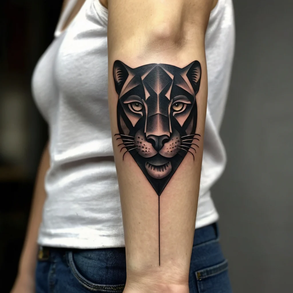 Geometric panther tattoo on forearm, featuring sharp lines and shading for a modern, fierce look.