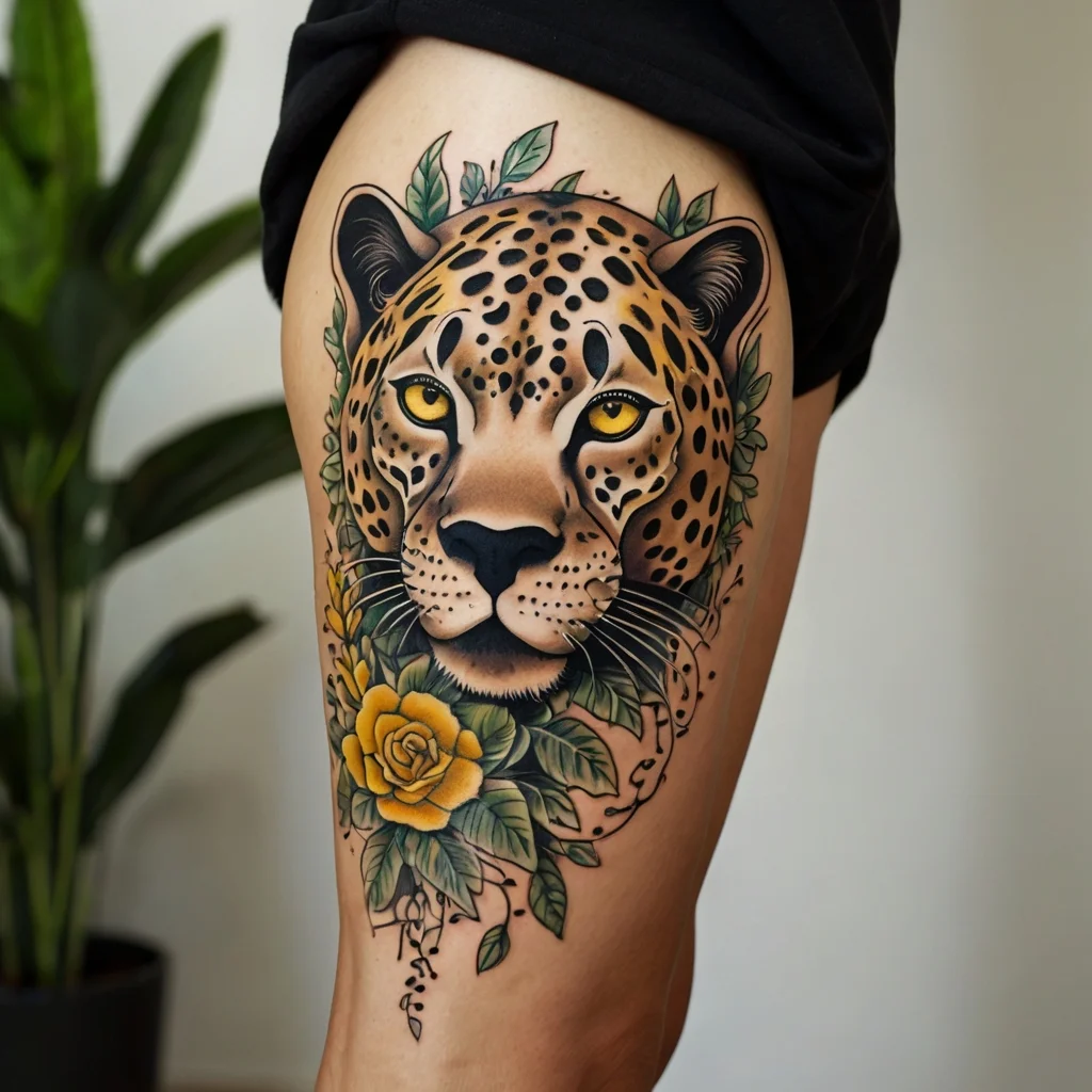 Leopard face tattoo with vivid yellow eyes, surrounded by green leaves and a detailed yellow rose on the thigh.