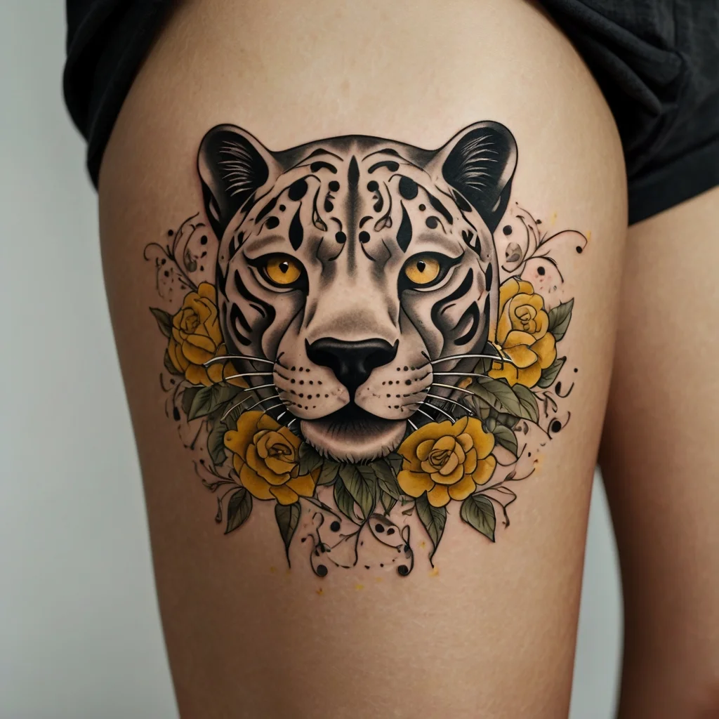 Tattoo of a leopard with striking eyes, surrounded by detailed yellow roses and green leaves, on the thigh.