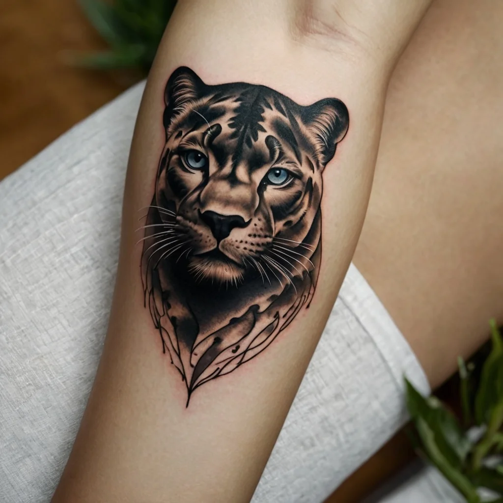 Realistic tiger face tattoo with striking blue eyes and intricate shading, capturing fierce elegance and power.