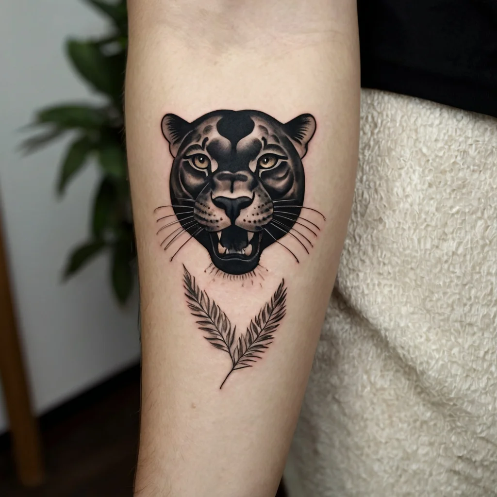 Tattoo of a fierce panther head with open mouth above two elegant fern fronds on forearm.