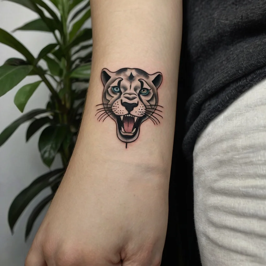 Tattoo of a roaring black panther head with vibrant eyes and shading, symbolizing strength and courage on the forearm.