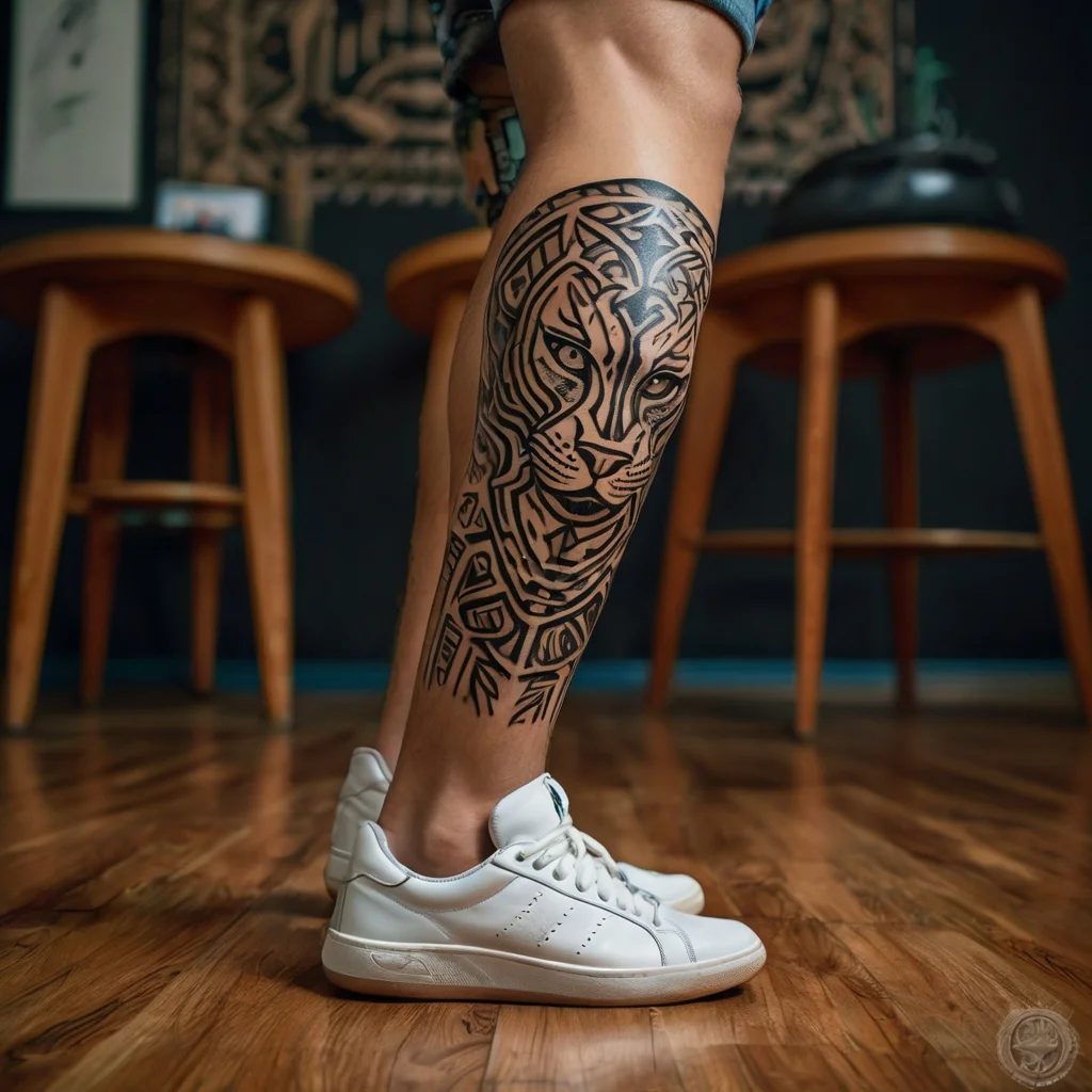 Geometric lion tattoo on calf, bold black lines create a detailed, fierce expression, symbolizing strength and courage.