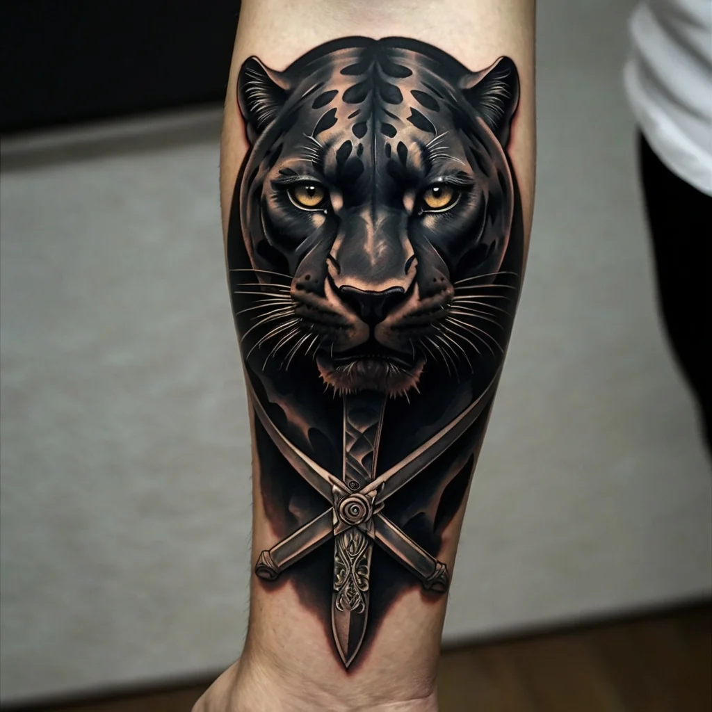 Tattoo of a detailed black panther head above crossed ornate swords, symbolizing strength and protection.