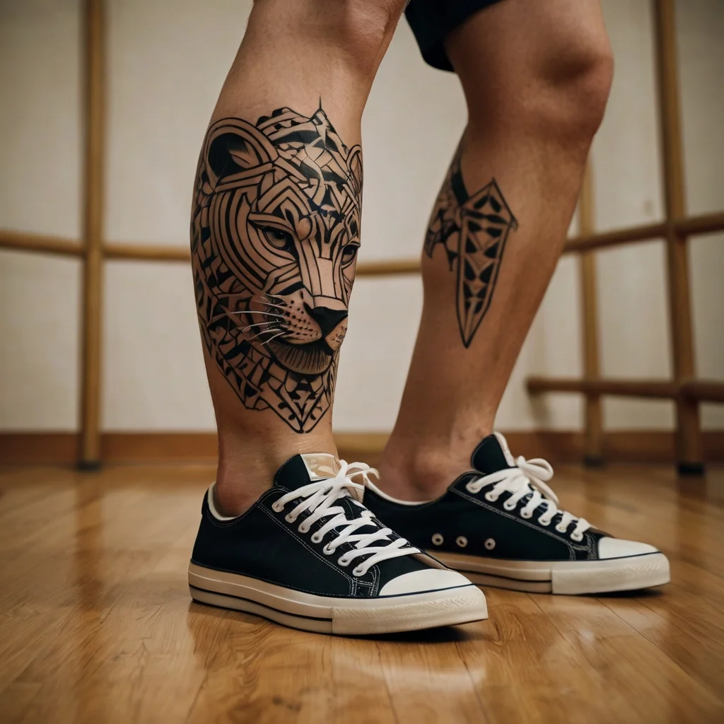 Intricate geometric lion tattoo on the calf, featuring bold lines and angular patterns for a modern, fierce look.