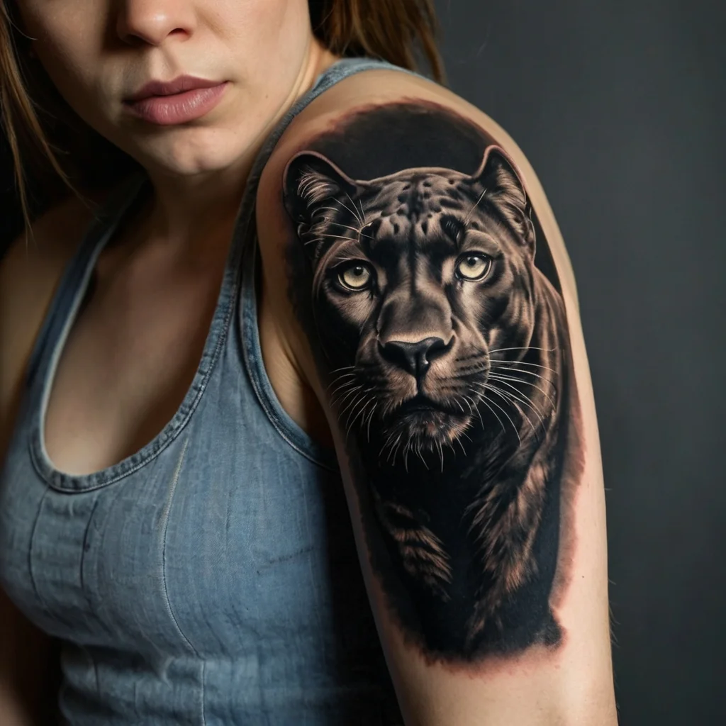 Realistic black panther tattoo on upper arm, showcasing detailed shading and vivid eyes, symbolizing strength and mystery.