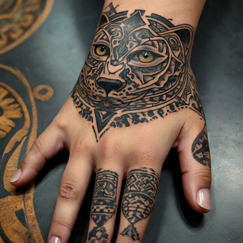 Tattoo of an intricately detailed tiger face on hand, featuring geometric patterns and realistic eyes.