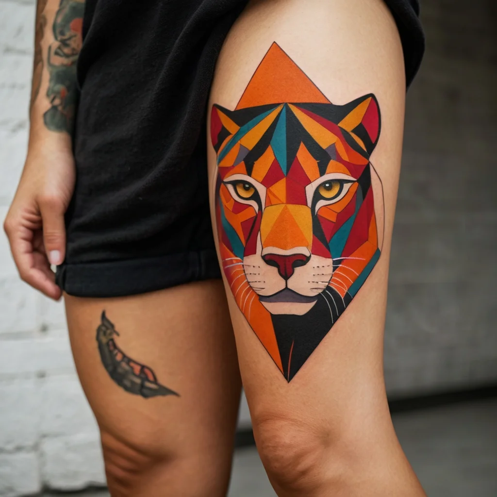 Geometric tiger face tattoo in vibrant colors on the thigh, featuring sharp lines and angular patterns for a bold effect.