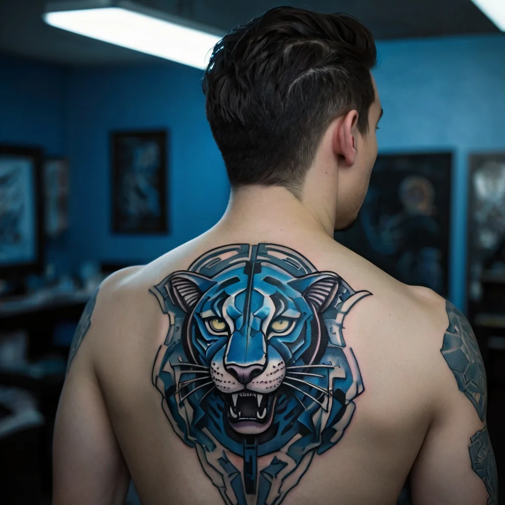 Geometric blue tiger tattoo on back, with fierce eyes and open mouth, blending bold lines and shading for a dynamic look.