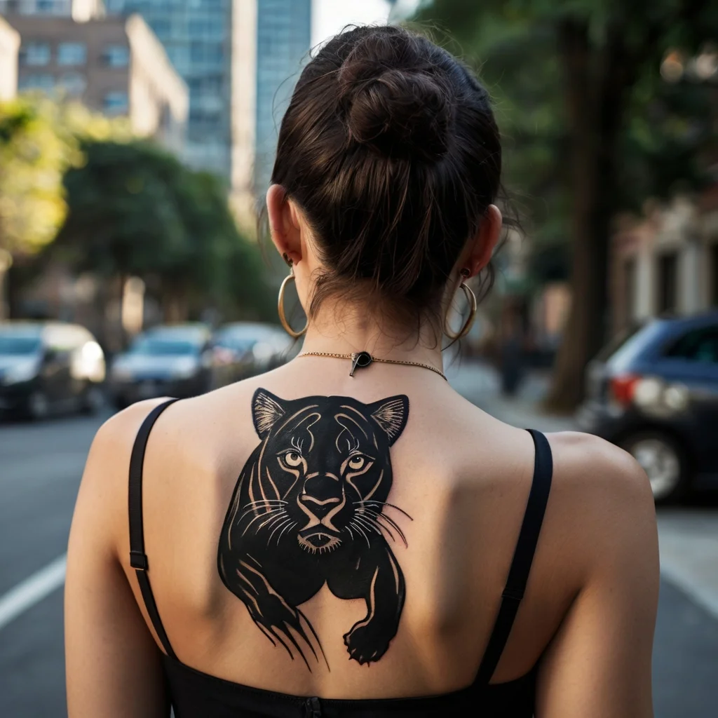 Tattoo of a sleek black panther in mid-leap on a woman's back, symbolizing power, mystery, and grace.