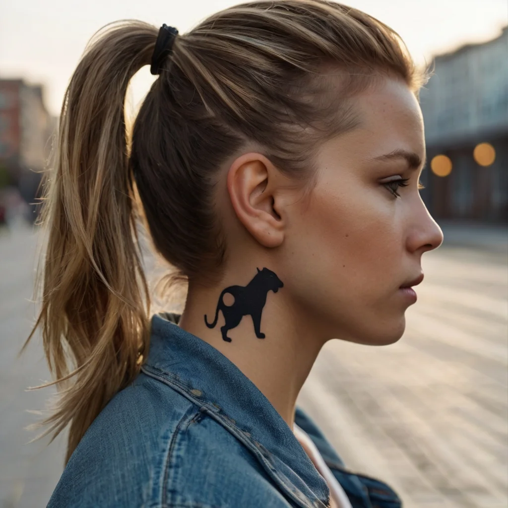 Silhouette tattoo of a pouncing dog on neck, bold black design conveys strength and agility.