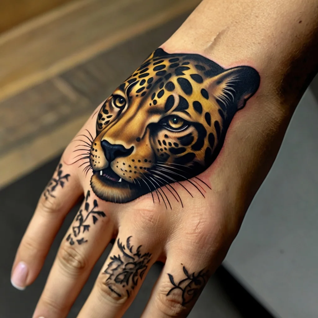 Realistic leopard head tattoo on the hand, vivid detail and shading, with botanical designs on fingers.