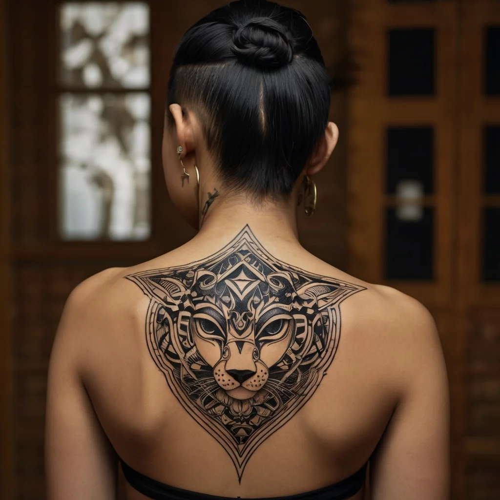 Intricate geometric leopard tattoo on upper back, featuring symmetrical patterns and bold lines, symbolizing strength.