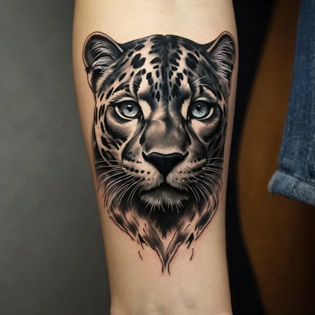 Realistic leopard tattoo featuring intense blue eyes and detailed fur shading on the inner forearm.