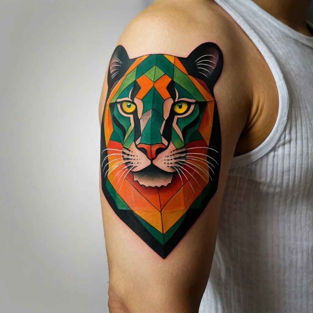 Geometric tiger tattoo with vibrant orange, green, and blue shapes on an upper arm, featuring sharp lines and bright eyes.