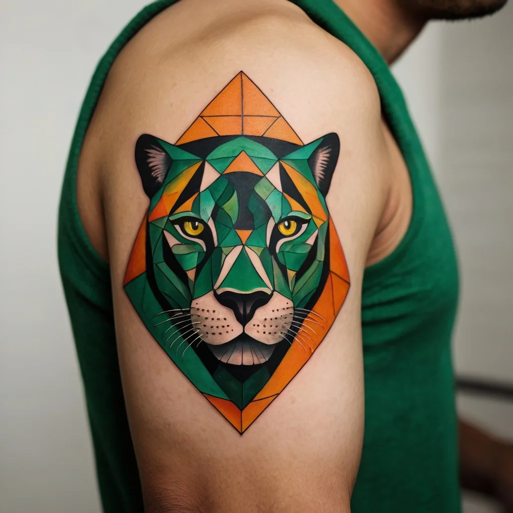 Geometric tiger tattoo on arm with vibrant green and orange colors, featuring sharp lines and a symmetrical design.