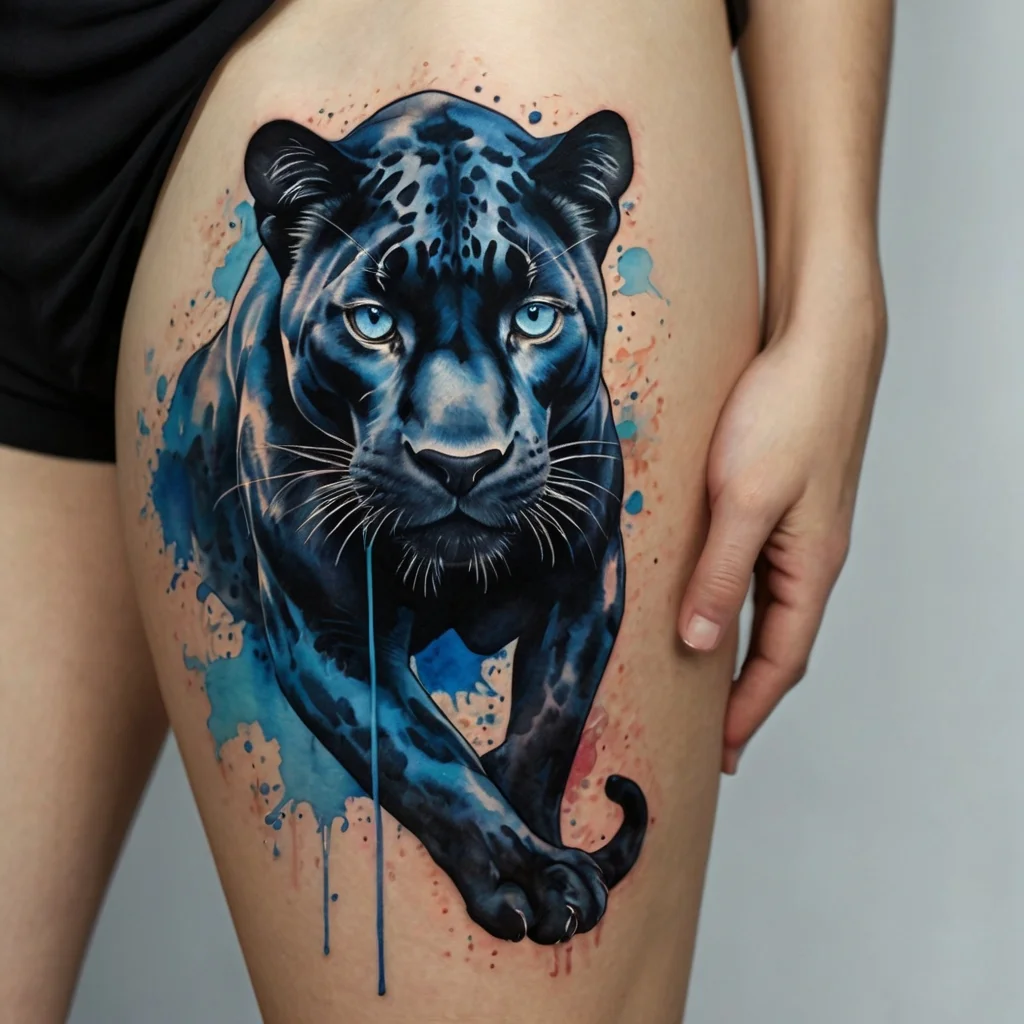 Realistic black panther tattoo with vivid blue details and paint splatters, creating a dynamic, lifelike effect.