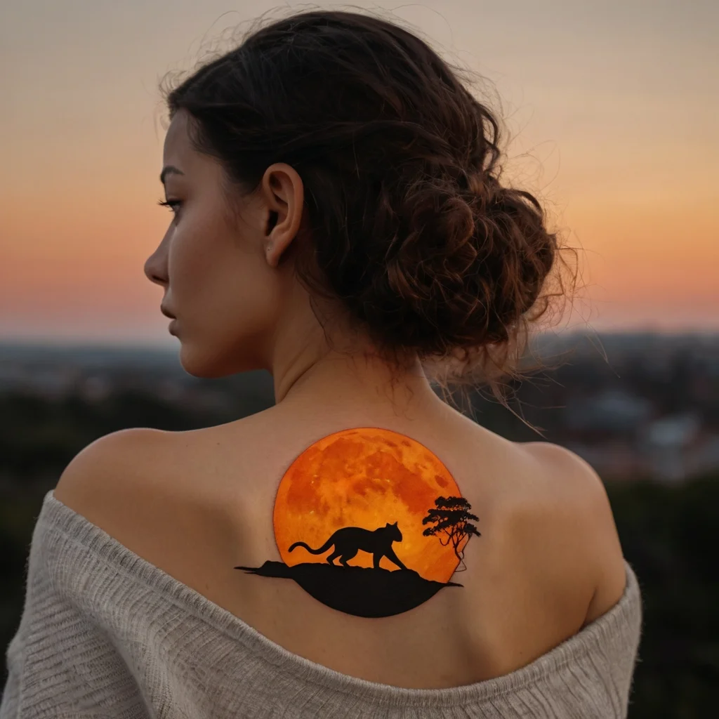 Silhouette of a cat walking against a vibrant orange moon backdrop with a tree, creating a serene and mystical scene.