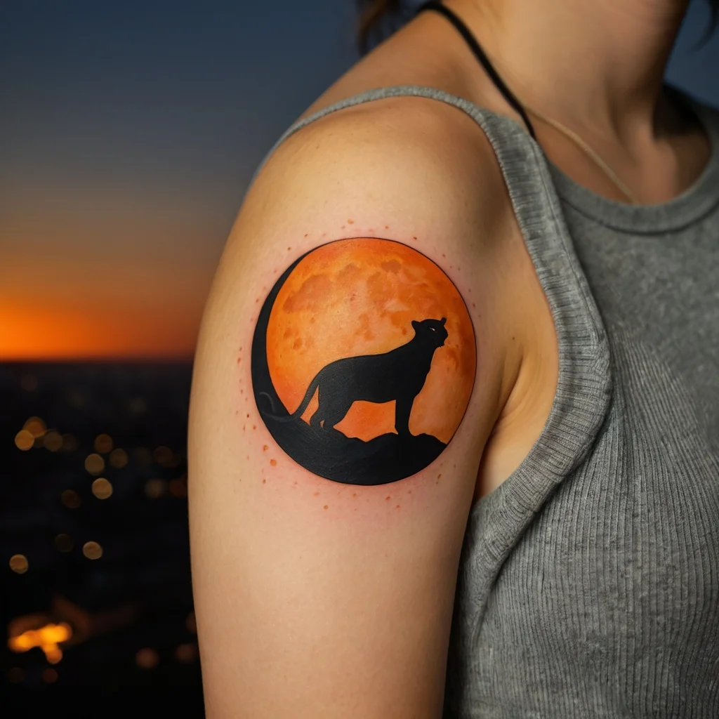 Silhouette of a panther against an orange moon on upper arm, symbolizing power and mystery in a circular design.