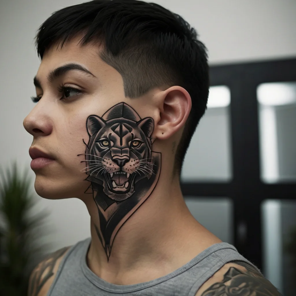 Stylized black panther face tattoo on cheek and neck, featuring sharp geometric lines and vivid detailing.