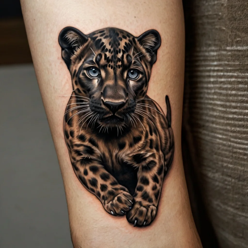 Realistic black panther cub tattoo, showcasing intricate details and lifelike expression on the skin.