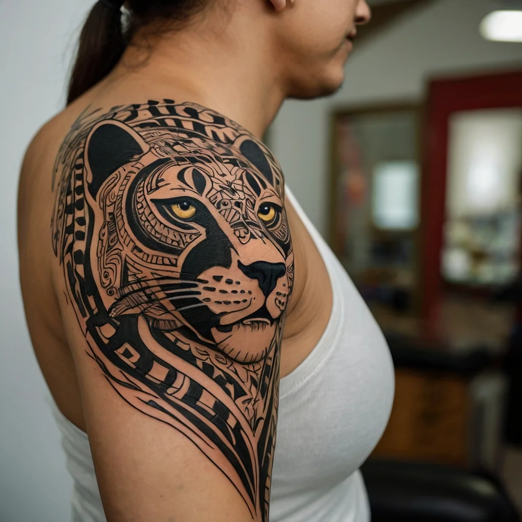 Tattoo of a stylized tiger on upper arm, featuring intricate tribal patterns and sharp details with bold, black lines.