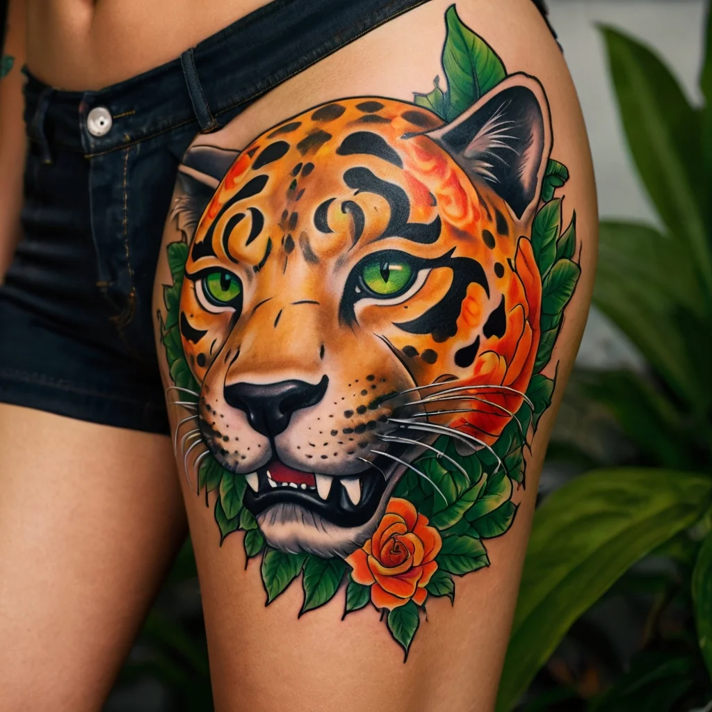 Colorful tattoo of a jaguar head with vivid green eyes, surrounded by orange roses and green leaves on the upper thigh.