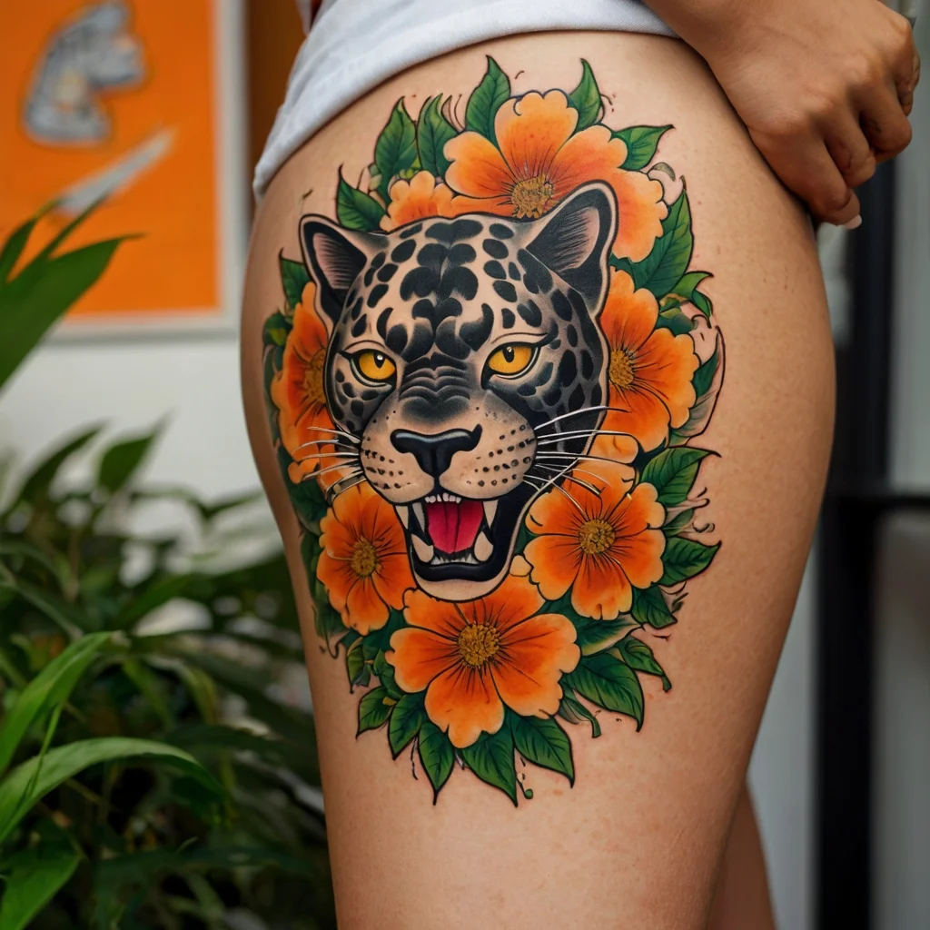 A fierce leopard face surrounded by vibrant orange flowers and green leaves on skin, showcasing bold colors and intricate details.