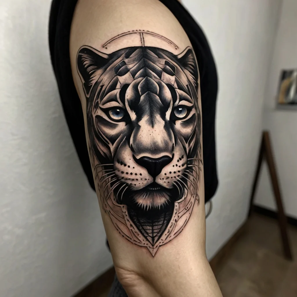 Tattoo of a geometric tiger head on an upper arm, featuring intricate shading and piercing blue eyes.