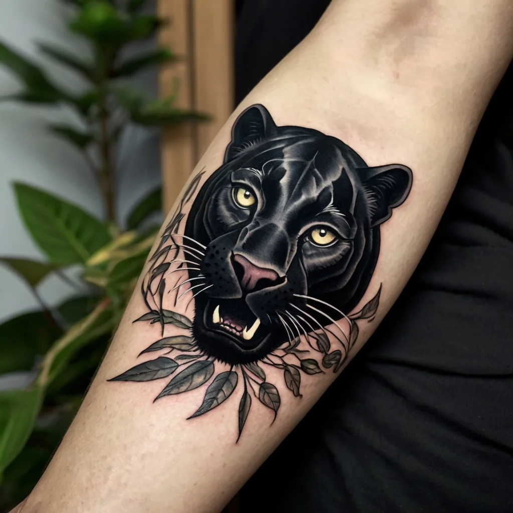 A lifelike black panther head tattoo, detailed with piercing eyes and surrounded by stylized leaves.