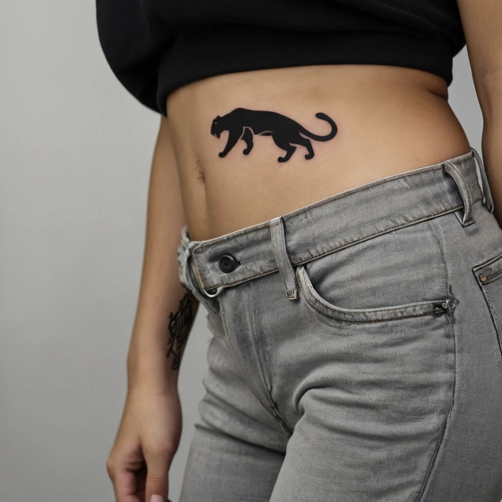 Silhouette tattoo of a prowling black panther on the side of the torso, symbolizing power and grace.