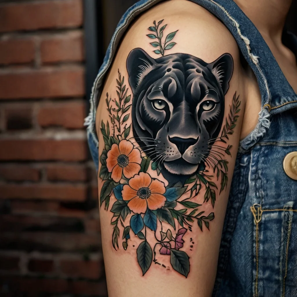 Tattoo of a black panther surrounded by colorful orange flowers and green leaves on the upper arm.