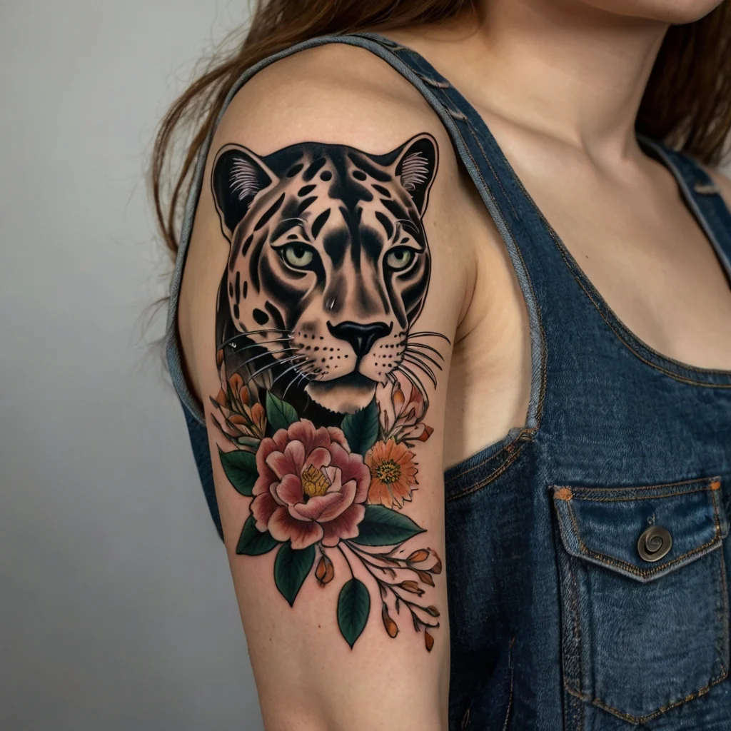 Tattoo of a leopard head with green eyes, surrounded by detailed pink and orange flowers, on the upper arm.