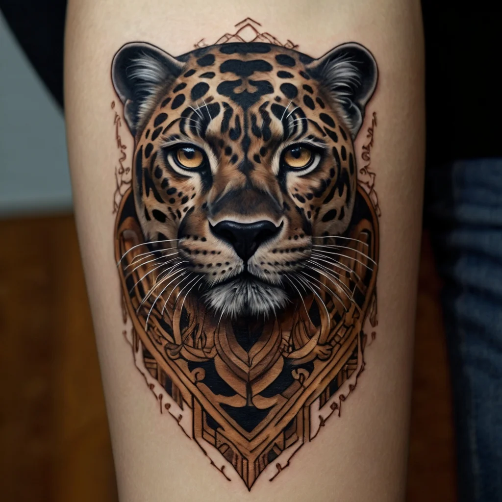 Realistic leopard head tattoo framed by geometric and tribal patterns in black and brown tones.