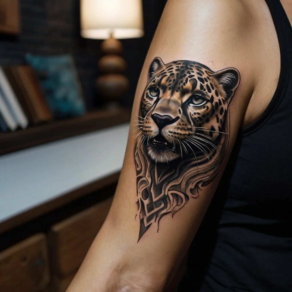 Realistic leopard head tattoo on upper arm, detailed fur and eyes, gradient shading, with abstract tribal elements.