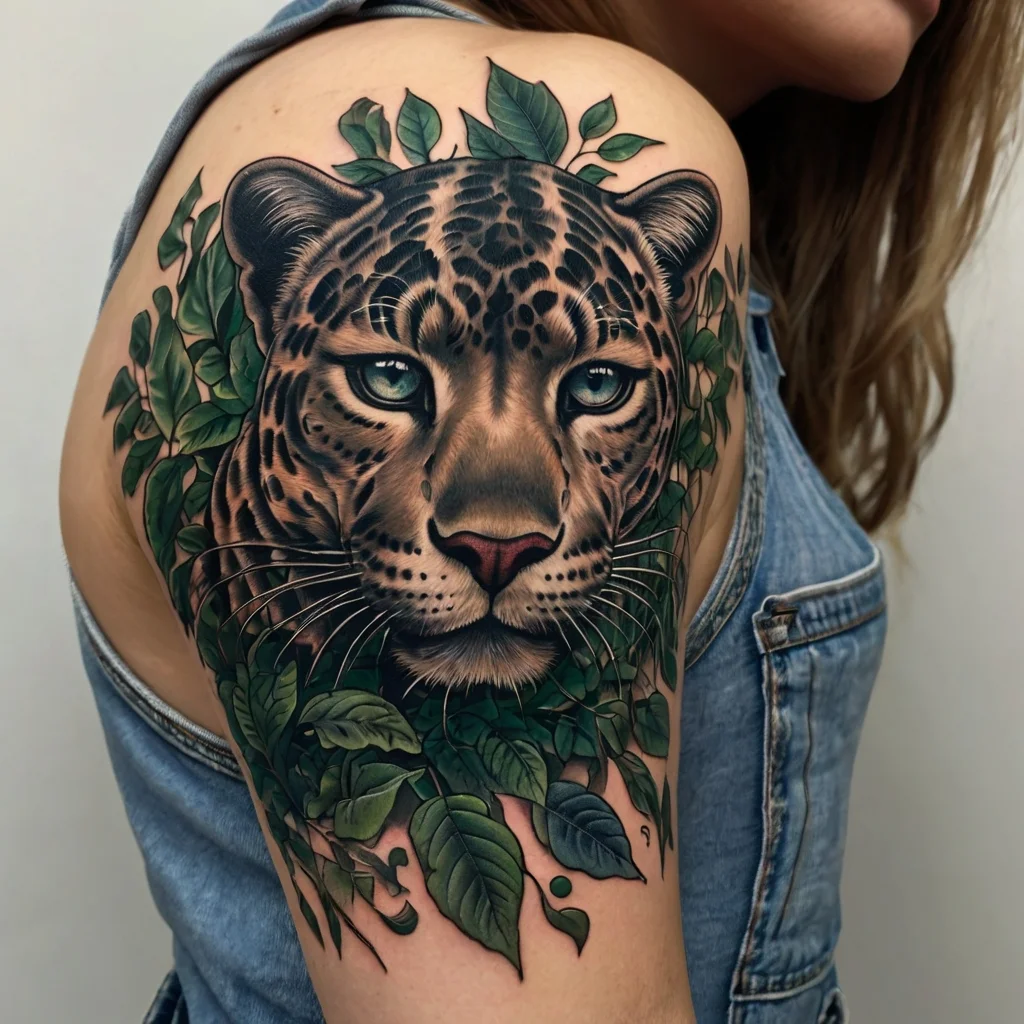 Realistic leopard head and lush green leaves tattoo, detailed on shoulder; depicts strength and nature's beauty.