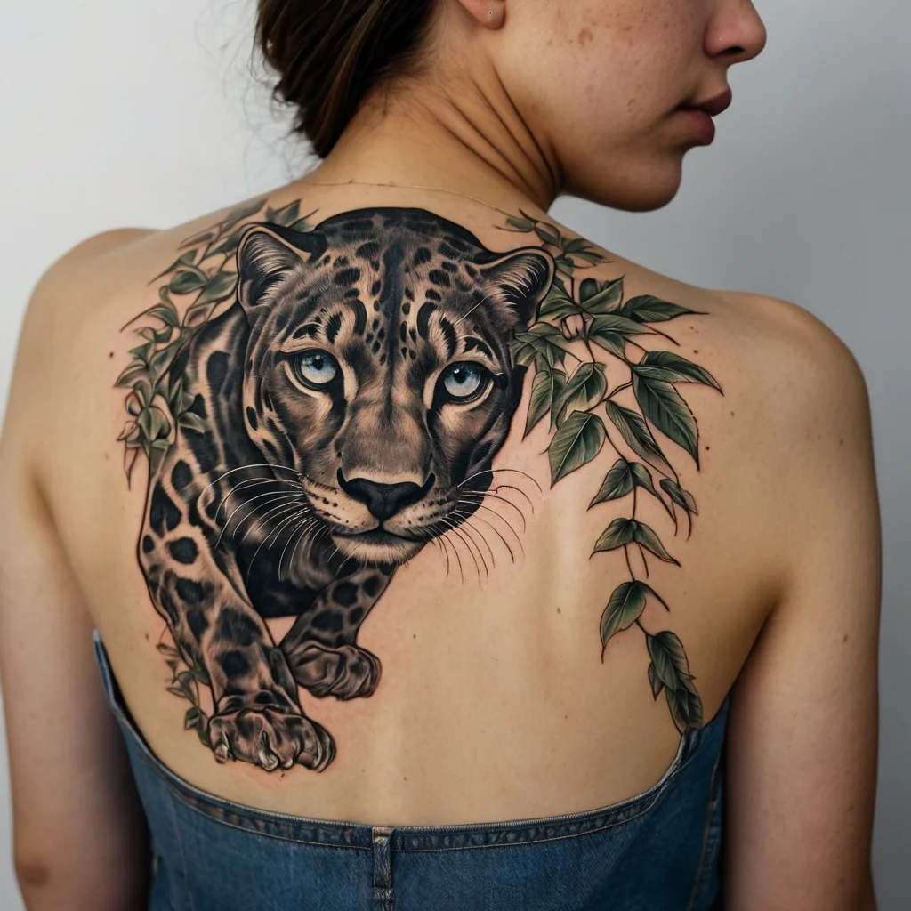 Realistic leopard tattoo on back, intertwined with green leaves, showcasing intricate details and vivid eyes.