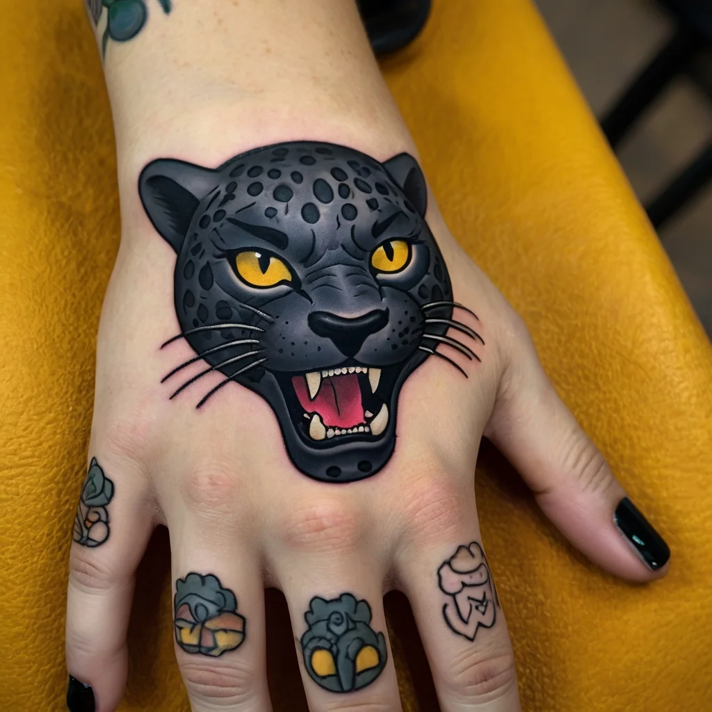 Tattoo of a fierce black panther head with vivid yellow eyes on the hand, contrasting with flower designs on fingers.