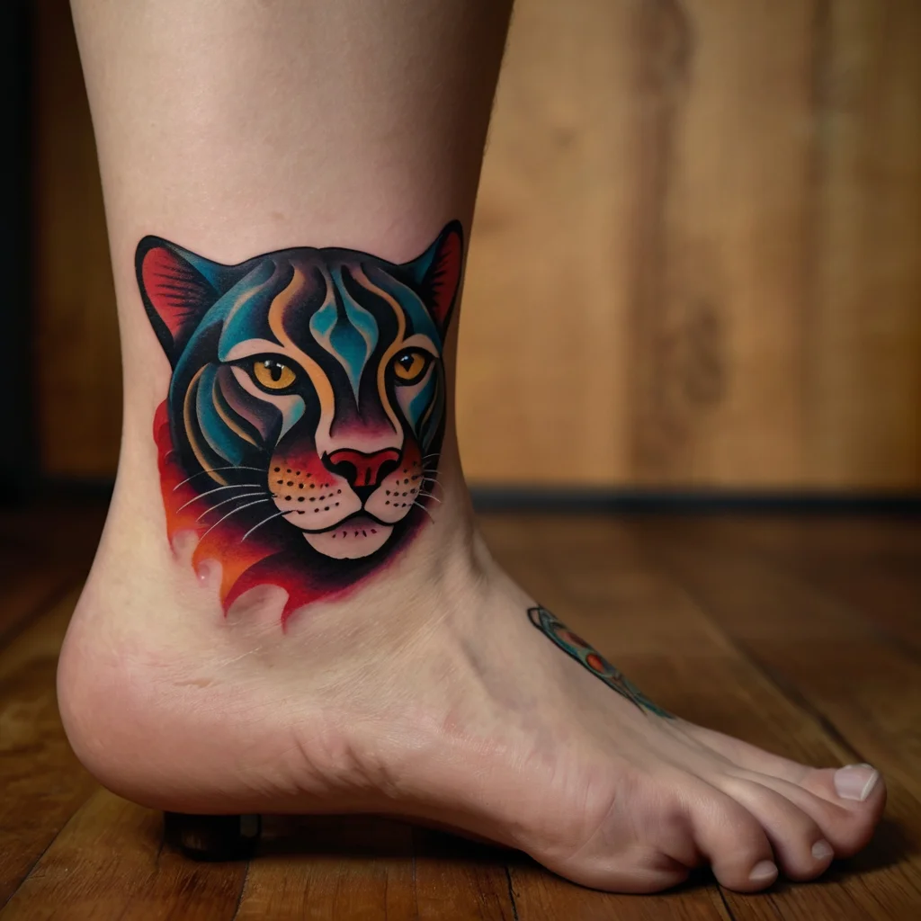 Tattoo of a colorful tiger's head on the ankle, featuring vibrant blue, red, and yellow shades with bold outlines.